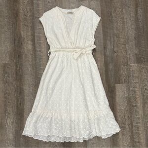 Italian Embroidered White Eyelet Dress with Belt Sz M